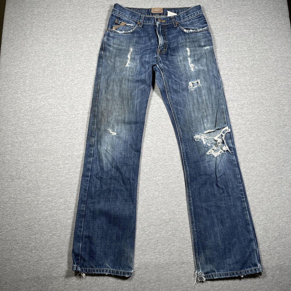 Ariat M4 Jeans Mens 29x34 Blue Bootcut Slim Distressed Loop Lock Low Rise